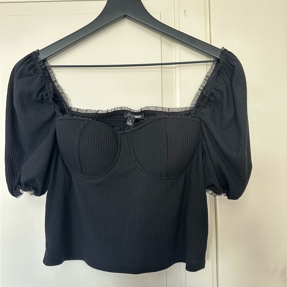 Fashion Nova Black Bustier Puff Sleeve Blouse